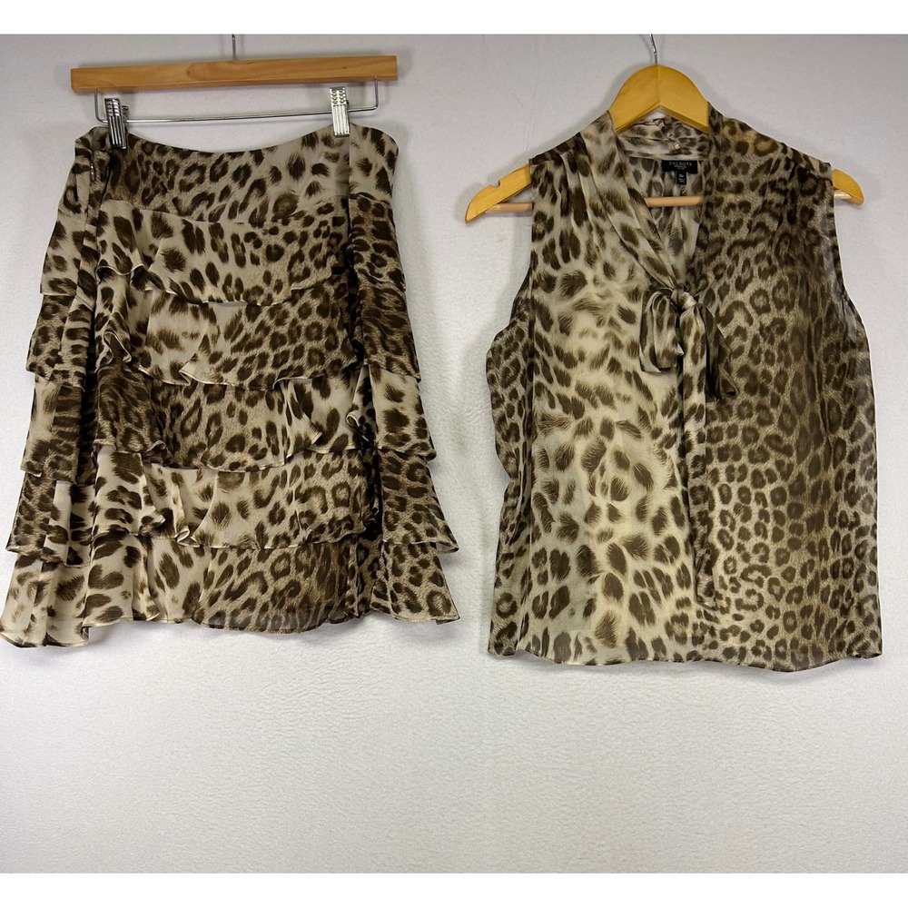 Mob Wife Talbots Women NWT 10P Leopard Print Tie-Neck Top‎ & Ruffle Skirt Set